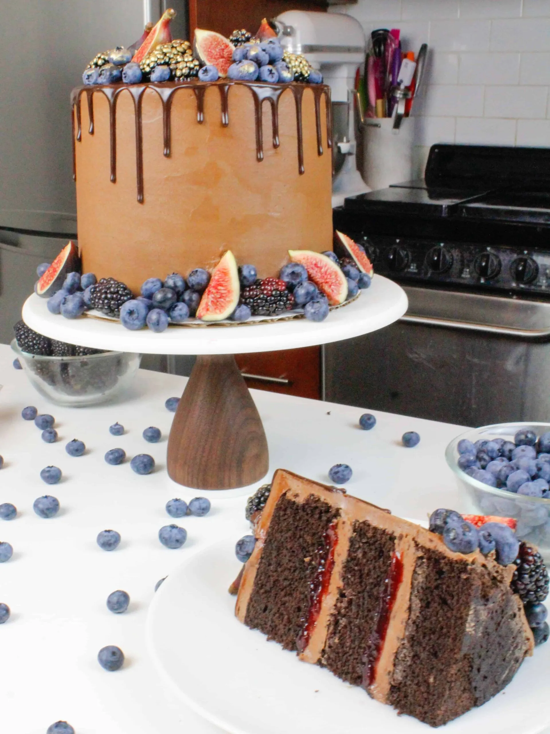 image of sliced blackberry chocolate cake