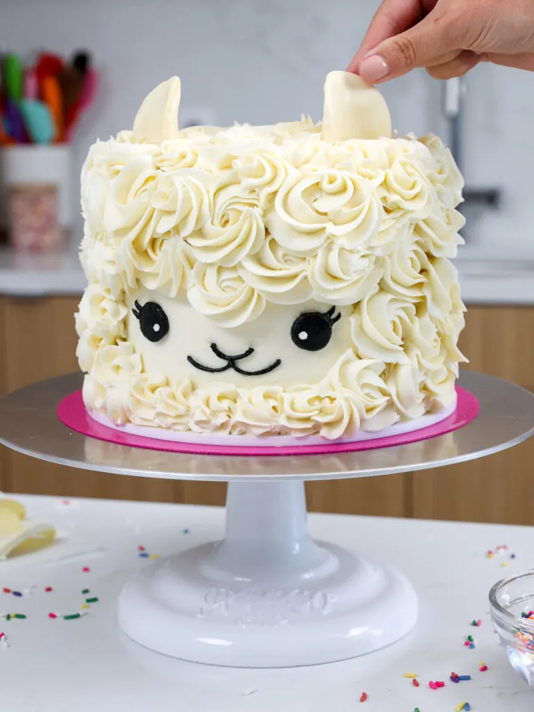 image of ears being pressed into a llama cake