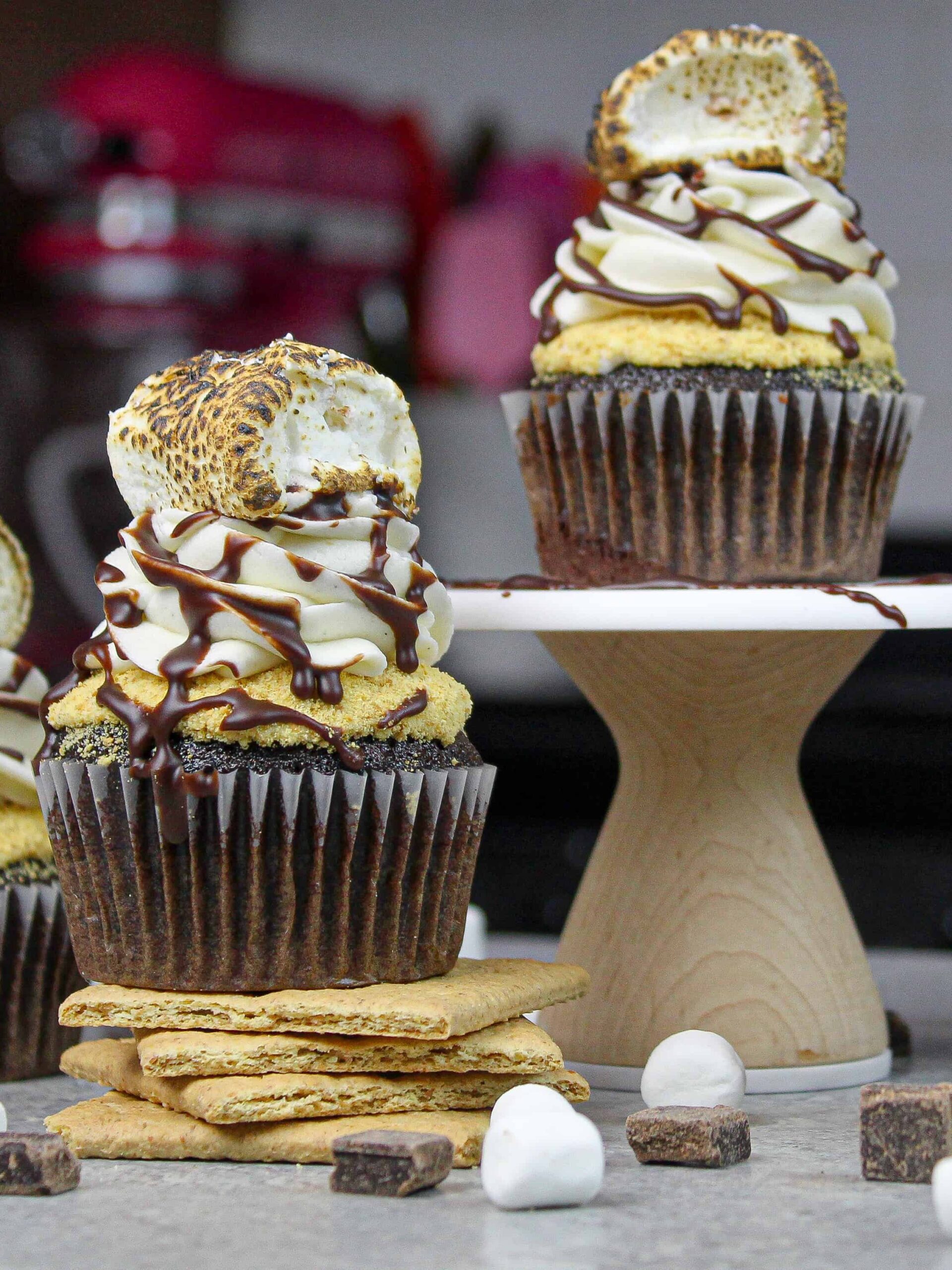 image of smores cupcakes topped with a toasted marshmallow