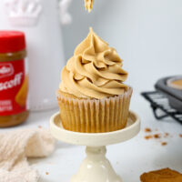 image of a cupcake that's been frosted with biscoff buttercream