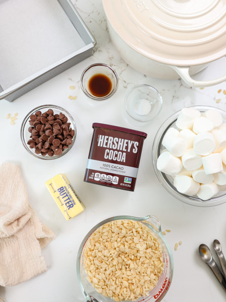 image of ingredients laid out to make chocolate rice krispie treats