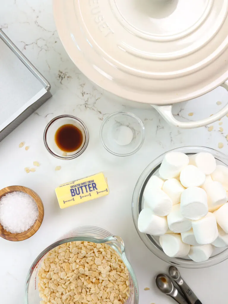 image of ingredients laid out to make rice krispie treats