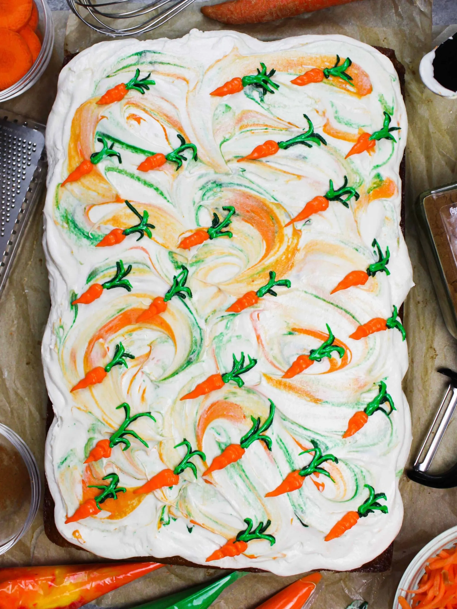 image of carrot cake sheet cake that's been frosted with cream cheese buttercream