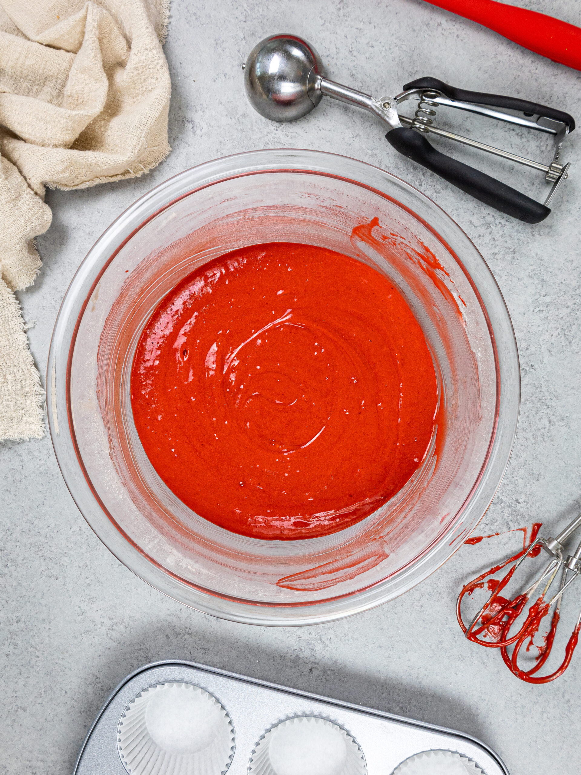 image of red velvet cupcake batter that's been made with buttermilk