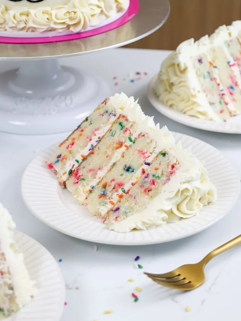 image of a slice of moist funfetti cake that's been placed on a plate