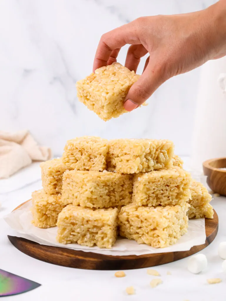 image of classic rice krispie treats that have been stacked on a plate
