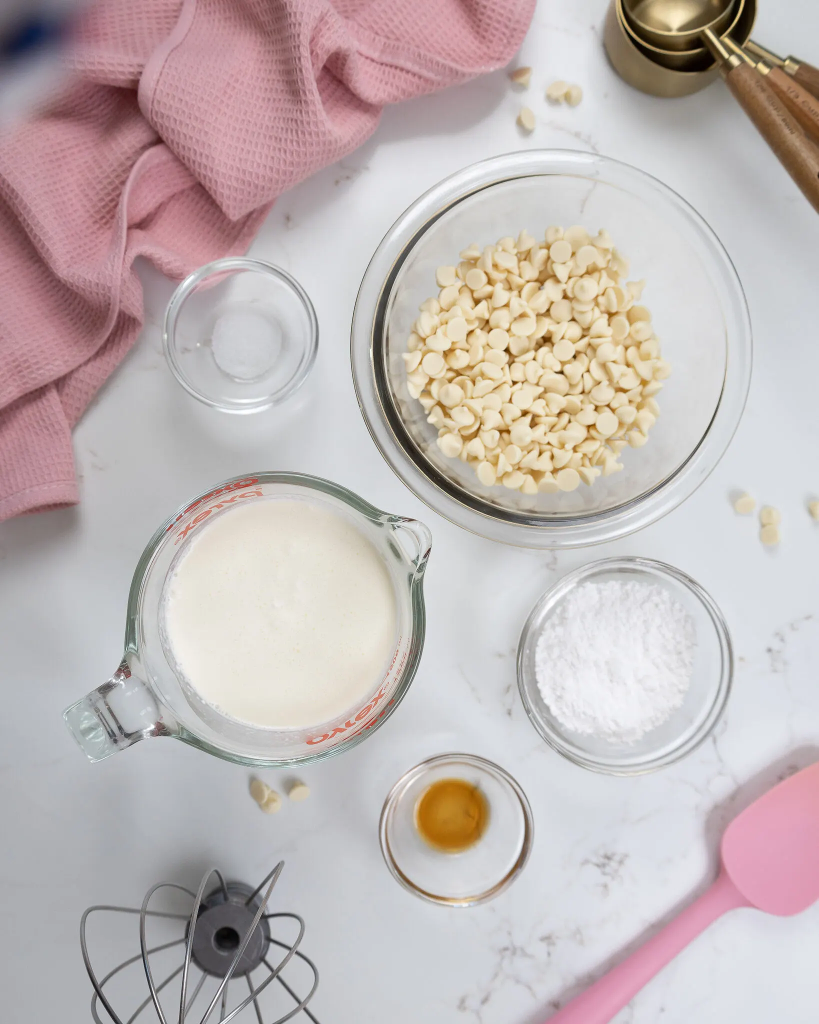 image of ingredients laid out to make a white chocolate mousse cake filling