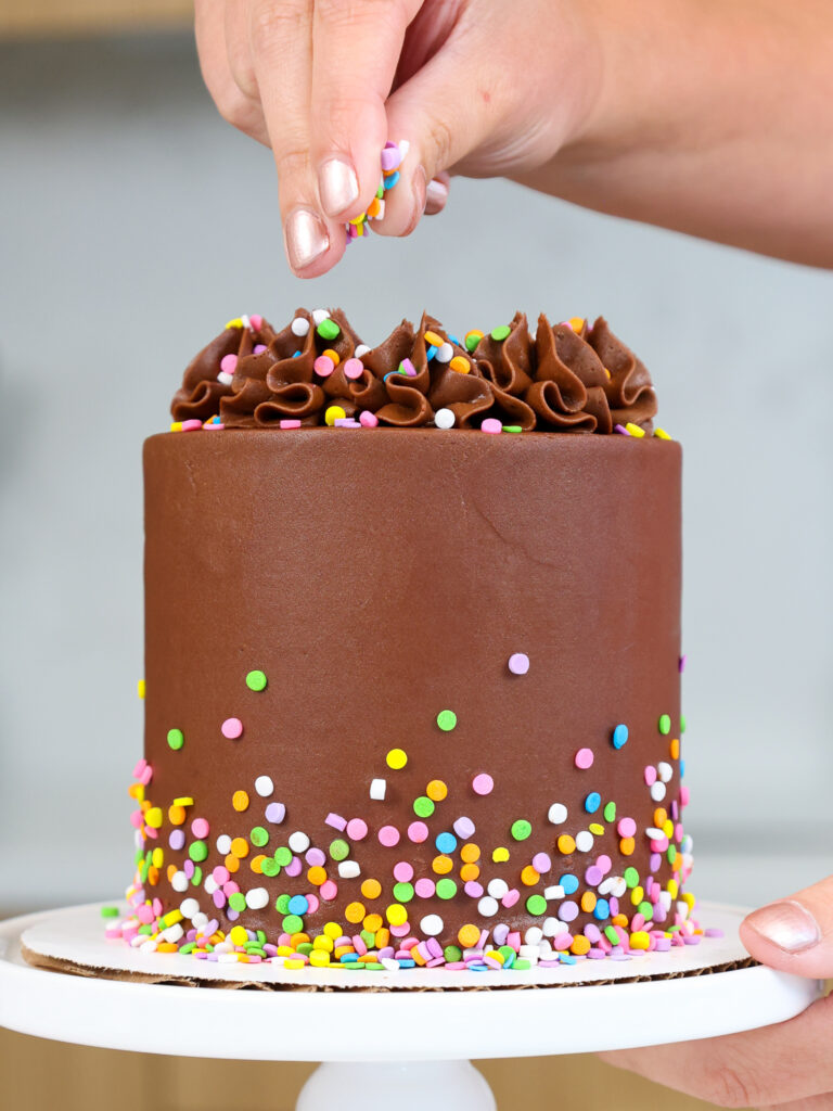 image of a small, 4-inch chocolate cake that's been frosted with chocolate buttercream