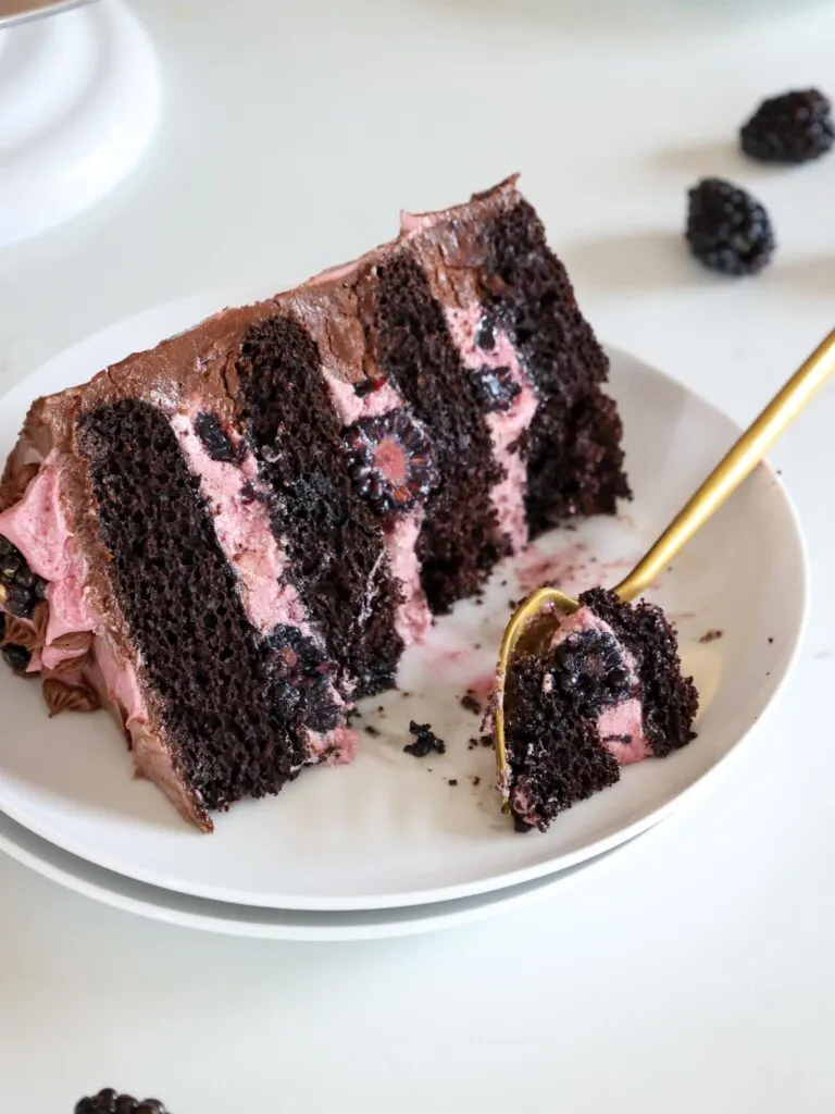 image of a slice of blackberry chocolate cake that's been cut into to show how moist and delicious it is