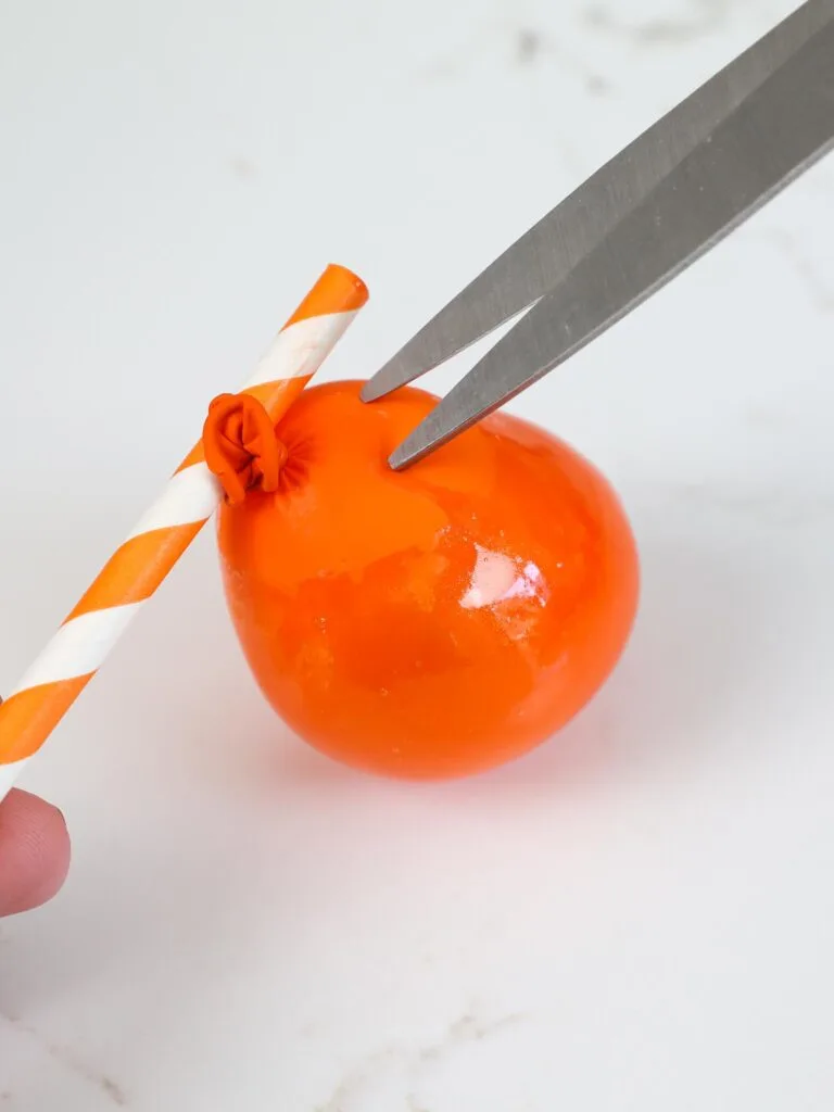 image of an orange gelatin balloon being popped with sharp scissors