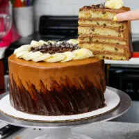 image of a chocolate chip banana cake made with banana cake layers and a fudgy chocolate buttercream frosting