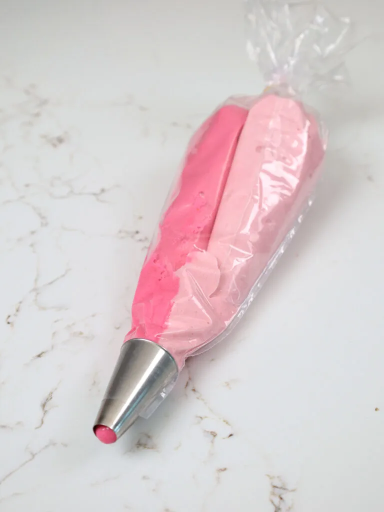 image of two pink macaron batters in a piping bag fit with a round tip