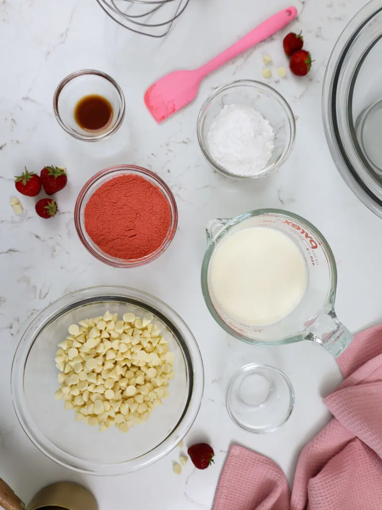 image of ingredients laid out to make strawberry mousse cake filling