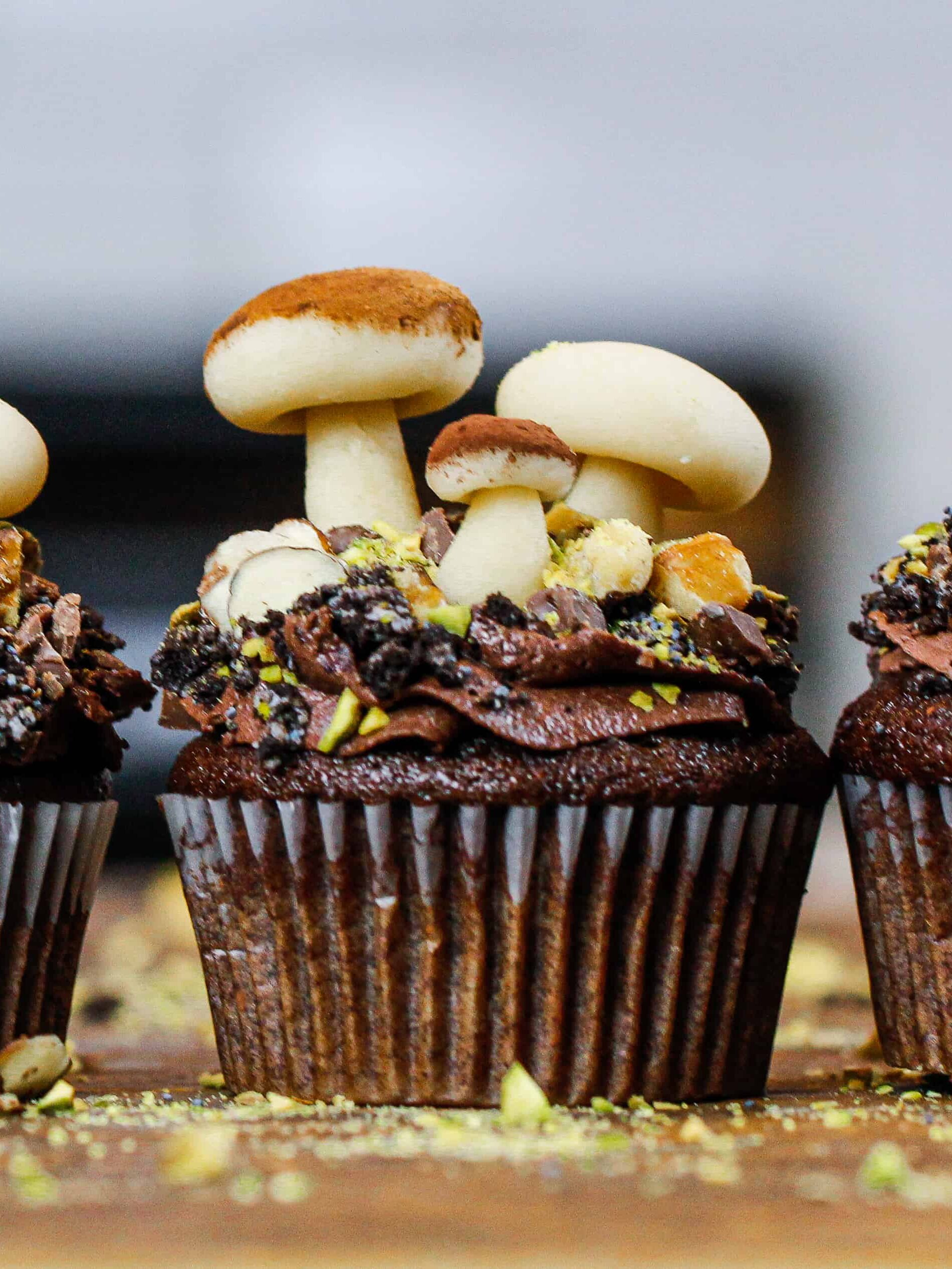 image of mushroom cupcakes made with chocolate buttercream and edible marzipan mushrooms