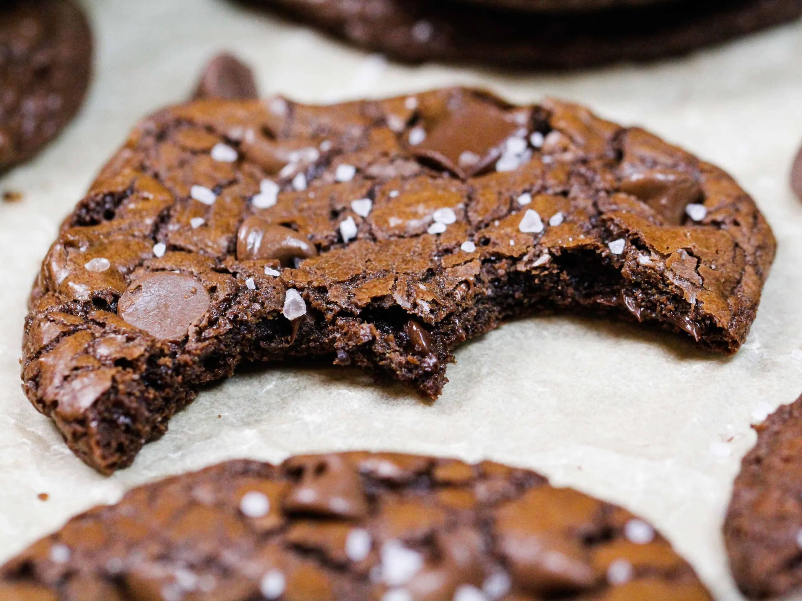 photo of bitten into brownie cookie to show soft and chewy center