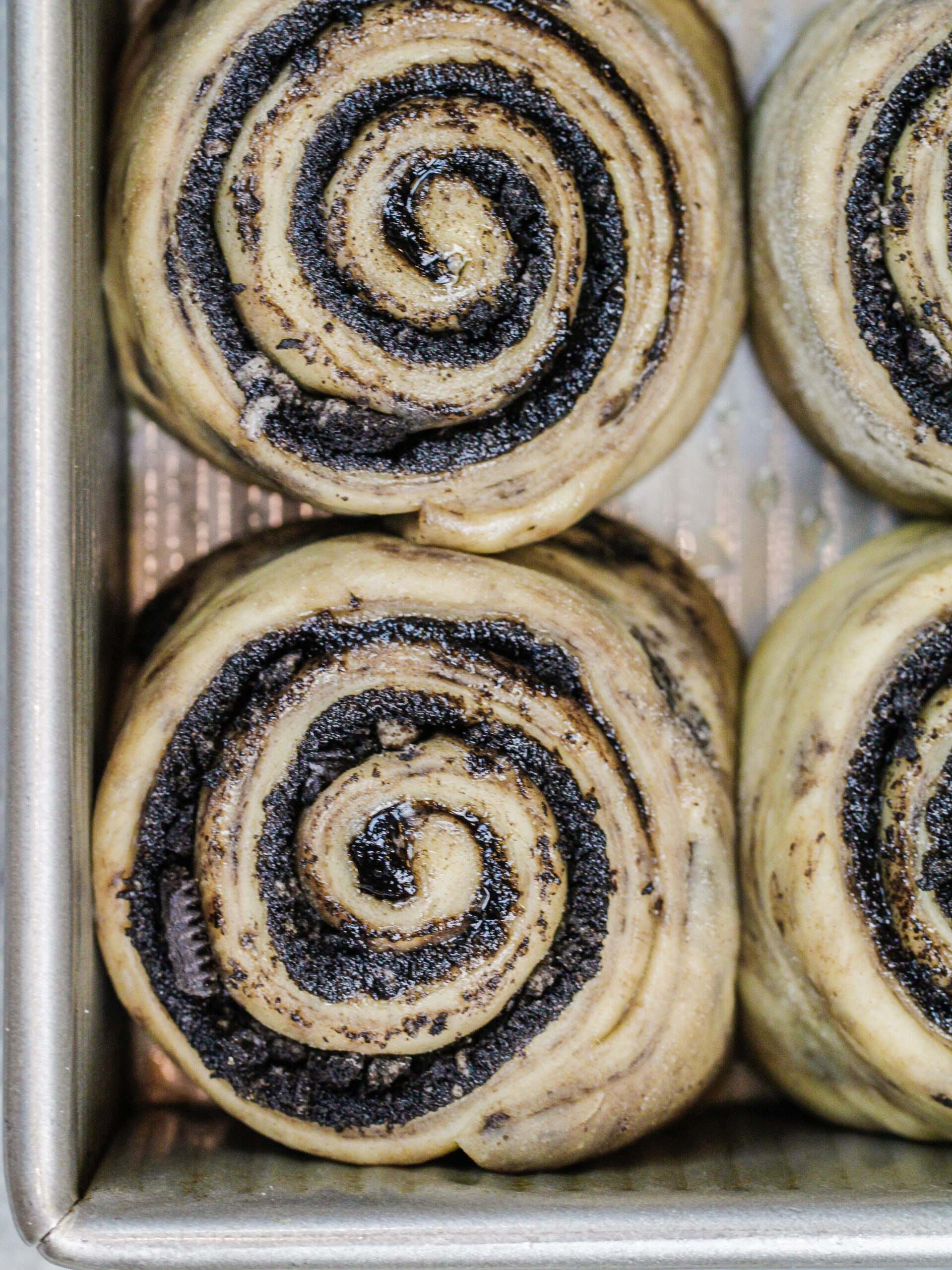 image of cinnamon rolls with dark chocolate filling ready to be baked
