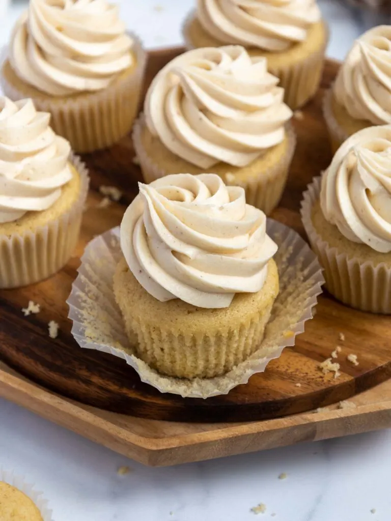 image of a brown butter cupcake that's been unwrapped