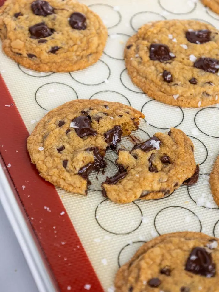 image of no chill chocolate chip cookies that are cooling on the pan