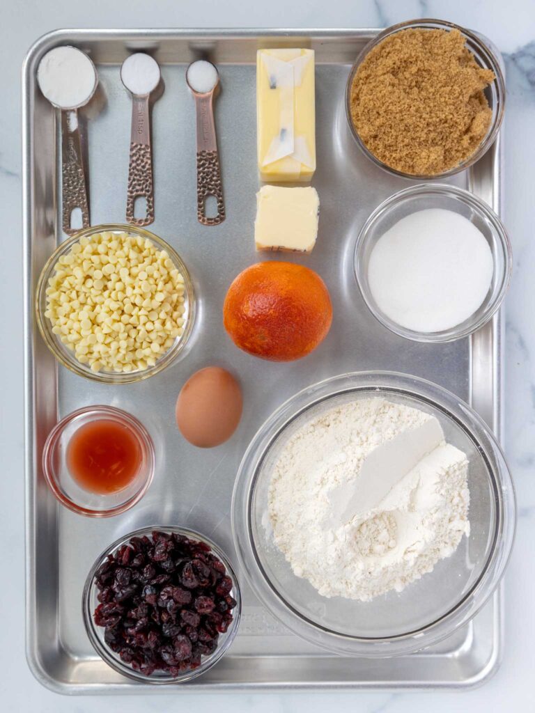 image of ingredients laid out to make orange cranberry white chocolate cookies