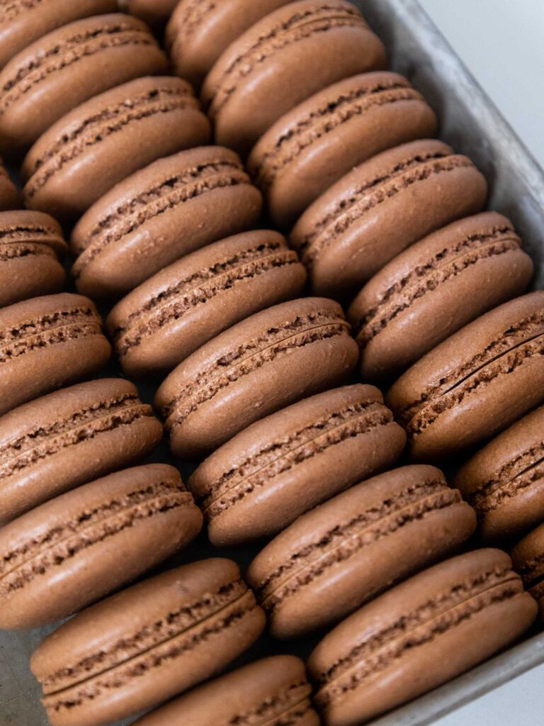 image of dark chocolate macaron shells that have been paired together