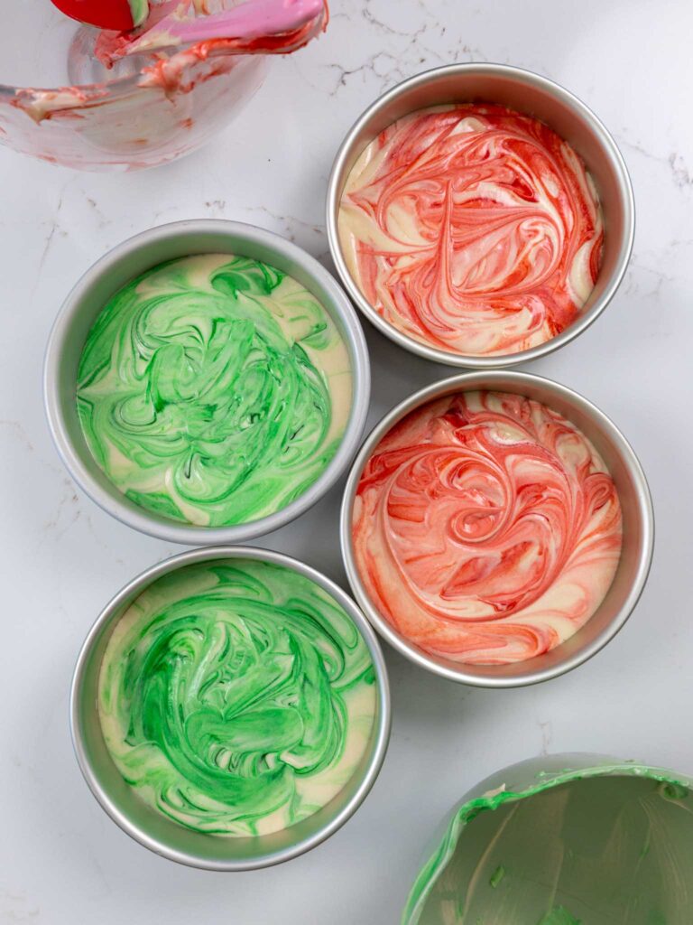 image of red and green marbled cake layers in 7-inch cake pans