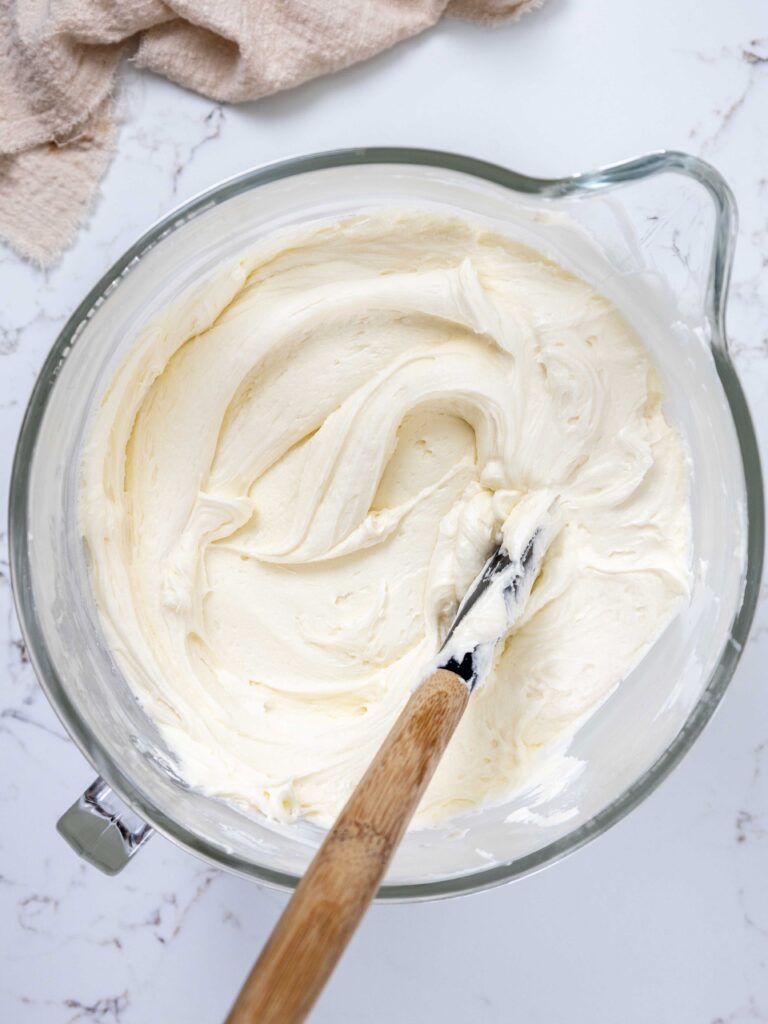 image of vanilla American buttercream in a glass bowl
