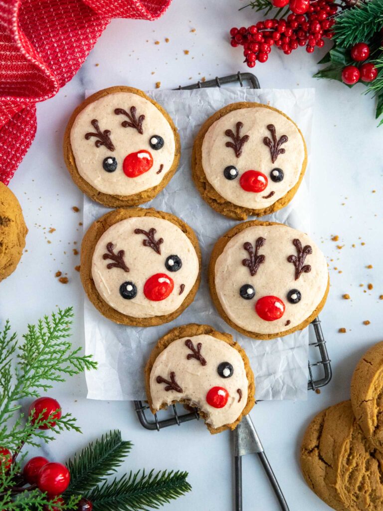 image of cute buttercream gingerbread reindeer cookies