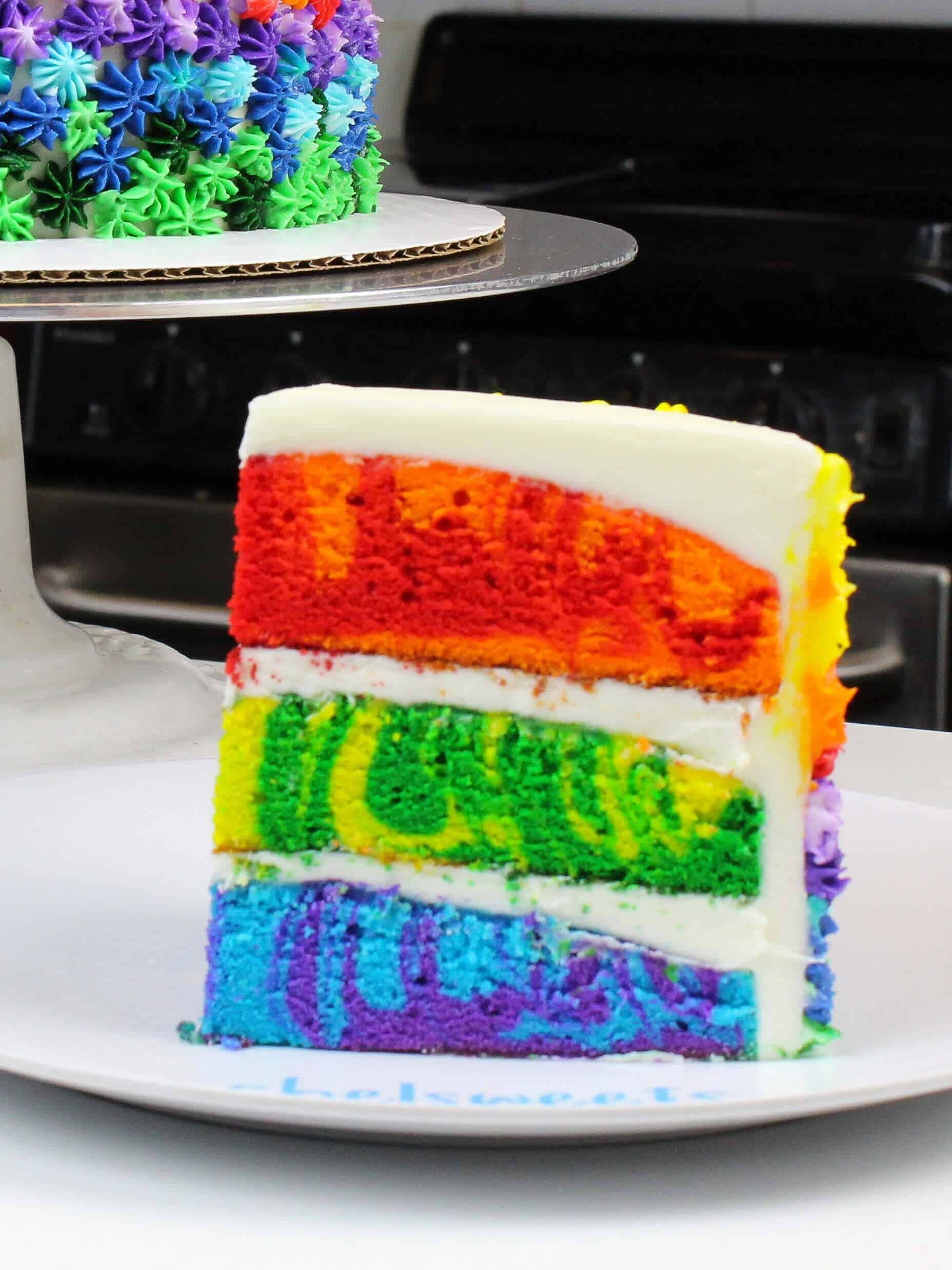 Photo of marbled rainbow cake slice