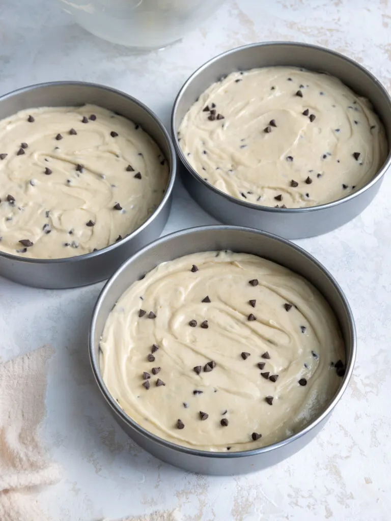 image of chocolate chip cake cake batter that's in 8-inch pans and is ready to be baked