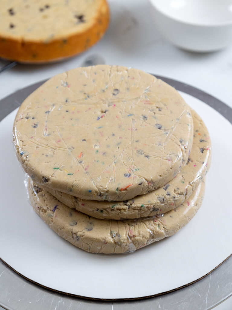 image of cookie dough discs that have been chilled and are ready to be used as a cake filling