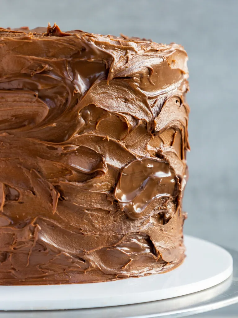 image of a cake that's been decorated with chocolate buttercream and Nutella swirls