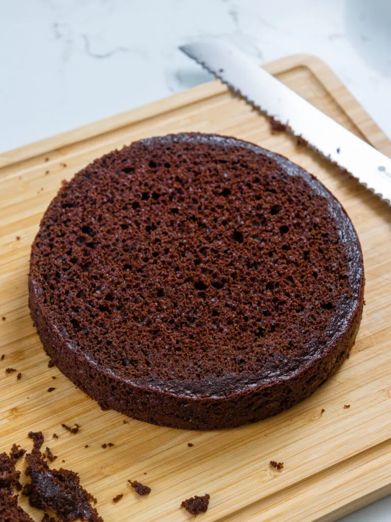 image of a moist chocolate cake layer that's been leveled with a serrated knife