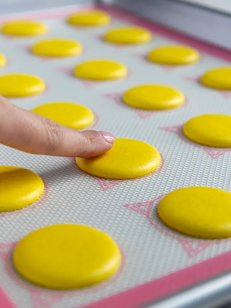 yellow french macaron shells that have rested and formed a skin and look matte that are now ready to be baked