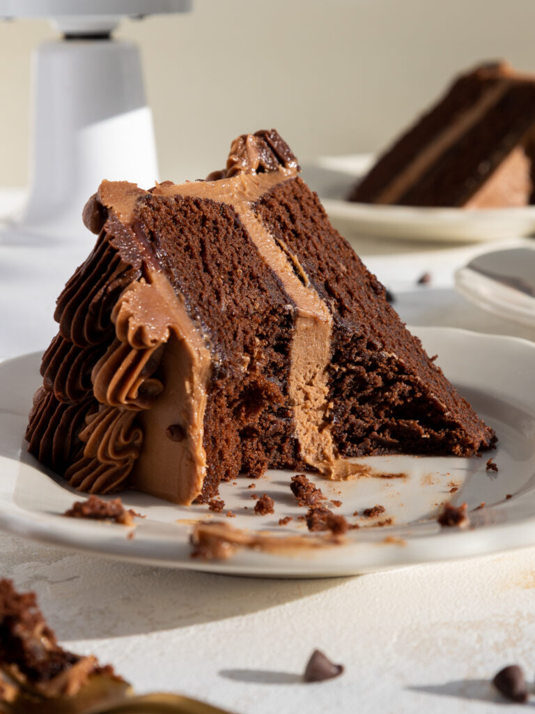 image of a slice of chocolate buttermilk cake a plate that's been cut into to show tender the cake layers are