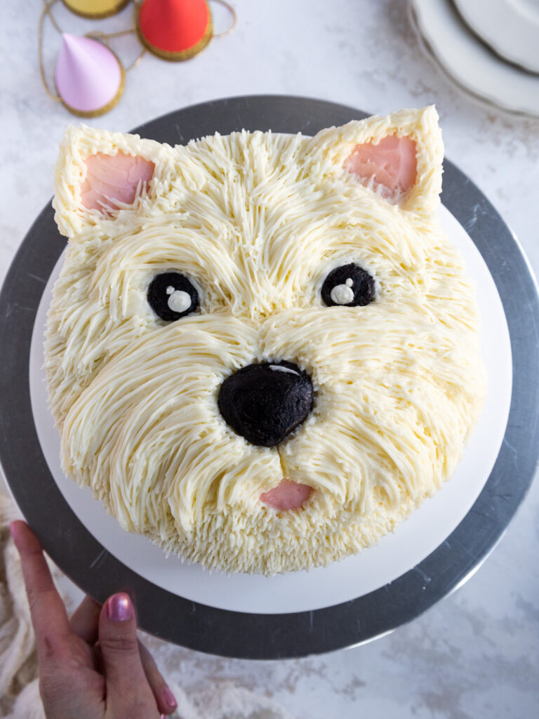 image of a cute westie cake that's been decorated with buttercream frosting