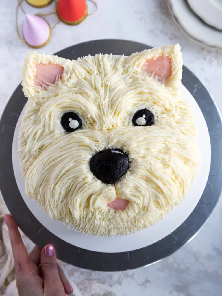 image of a cute westie cake that's been decorated with buttercream frosting
