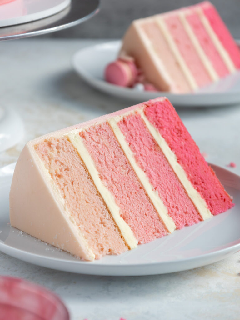image of a slice of pink ombre cake on a white plate
