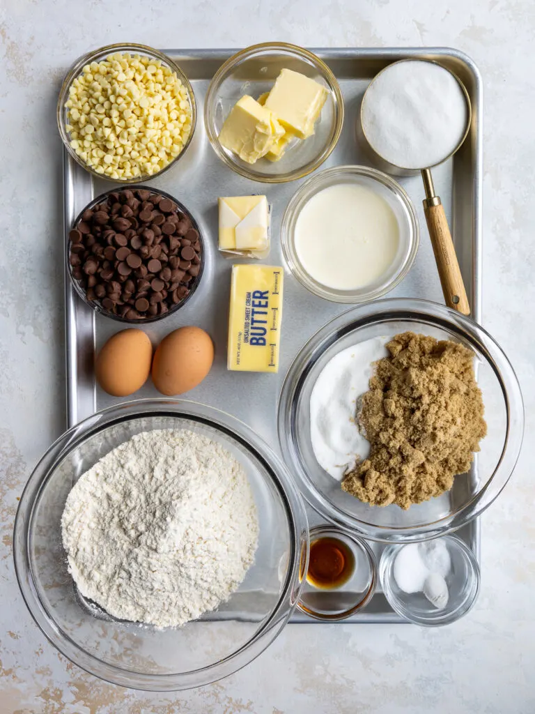 image of ingredients laid out to make caramel cookie bars from scratch