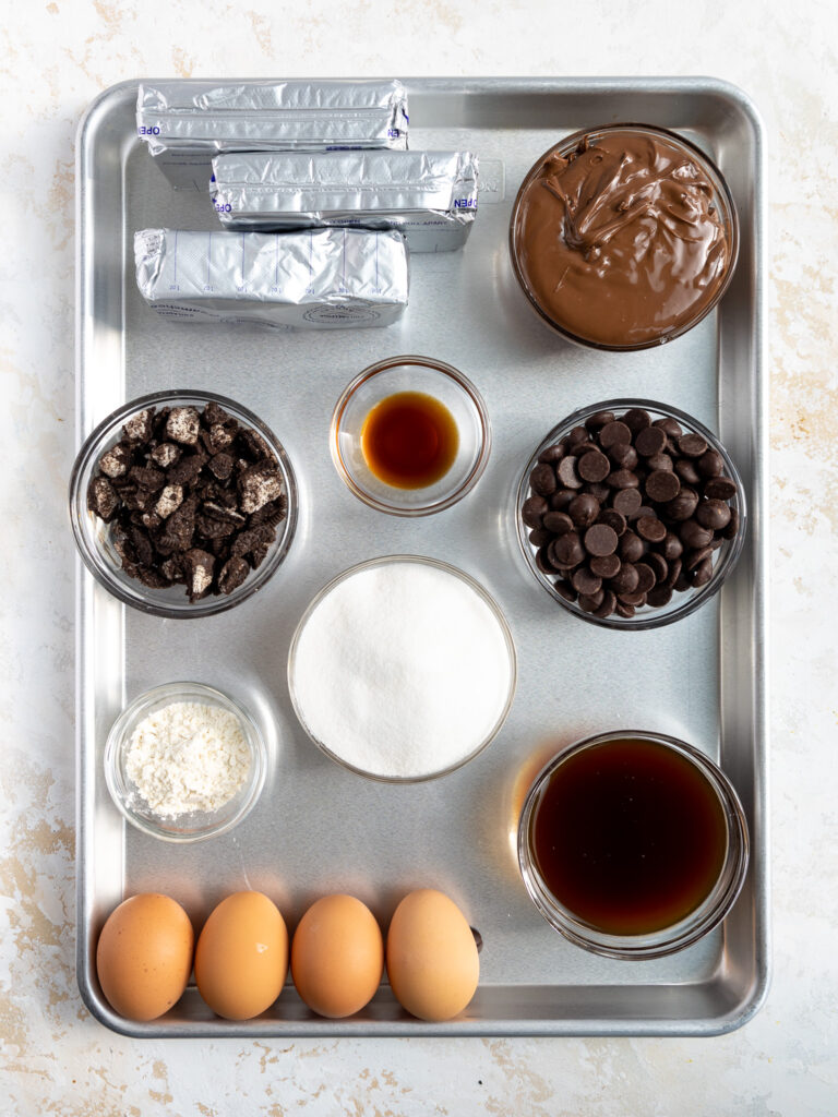 image of ingredients laid out to make a Nutella Oreo cheesecake