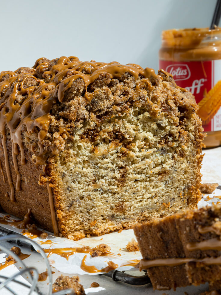 image of biscoff banana bread that's been cut into to show how tender it is