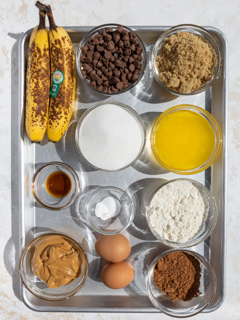image of ingredients laid out to make peanut butter banana brownies