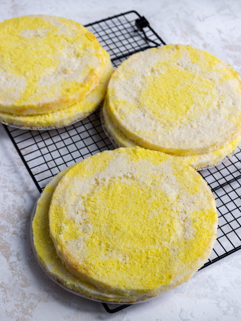 image of lemon cake layers that have been baked and trimmed