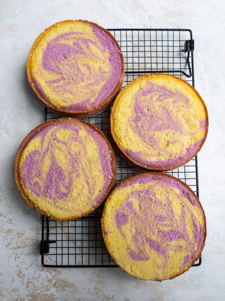 image of lemon lavender cake layers that have been leveled with a serrated knife