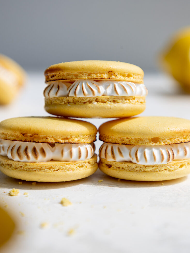 image of stacked lemon meringue macarons