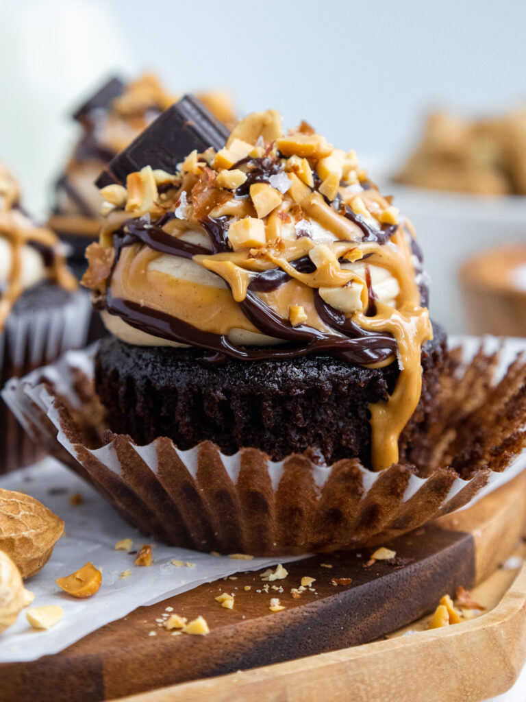 image of a chocolate peanut butter filled cupcake