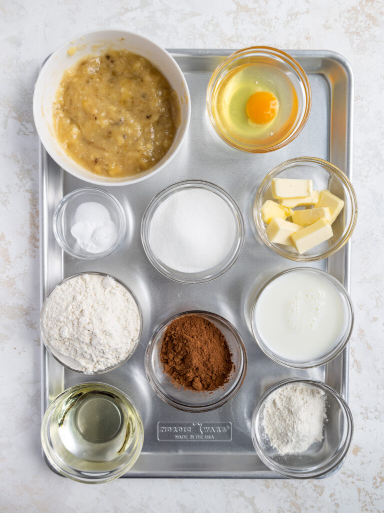 image of ingredients laid out to make marble banana bread