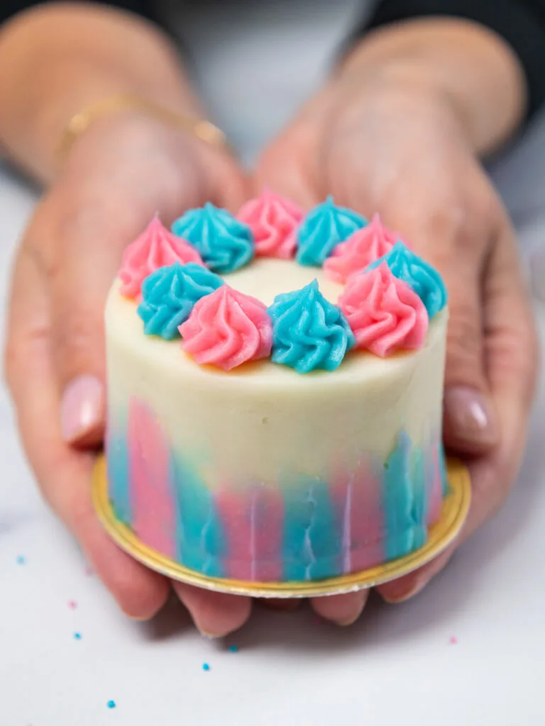 image of a mini gender reveal cake being held in my hands to show how small it is