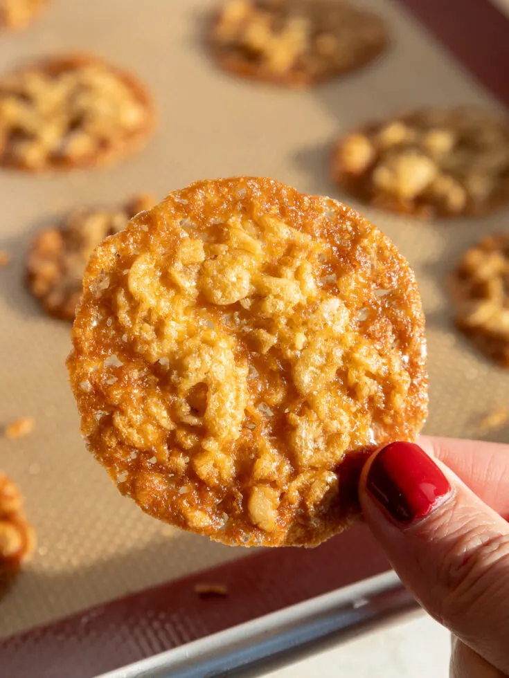 image of an oatmeal lace cookie being held up in the sunshine to show how perfectly caramelized it is