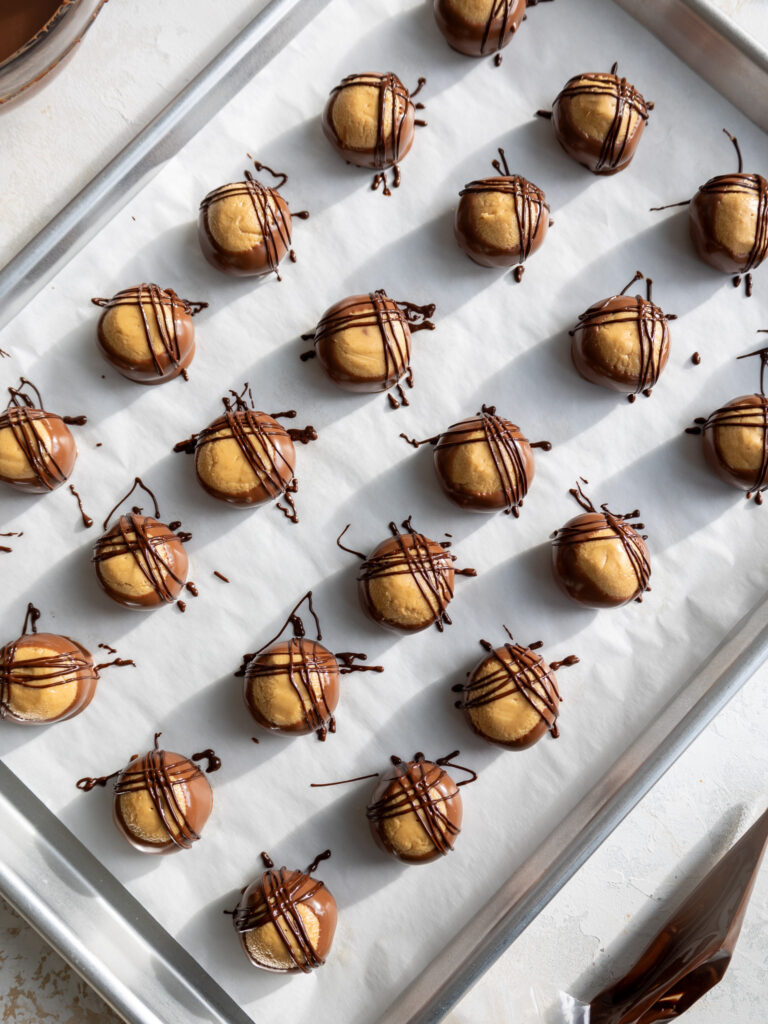 image of cute buckeyes that have been drizzled with dark chocolate