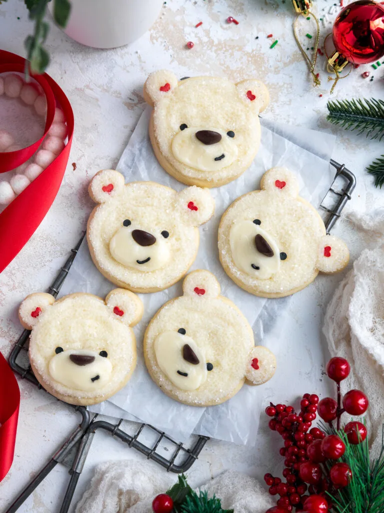 image of polar bear cookies decorated with buttercream frosting and sprinkles